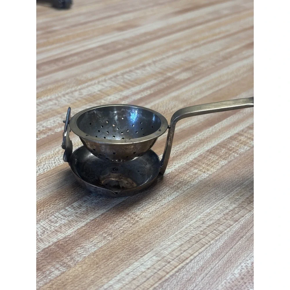 Vintage Fleur De Lis Tea Strainer with Drip Bowl Swivel Infuser Gold Tone